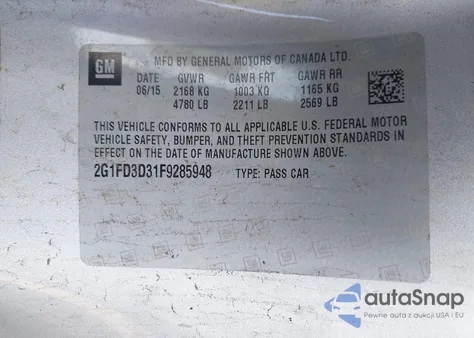 2015 Chevrolet Camaro 1Lt from USA, damaged, VIN 2G1FD3D31F9285948